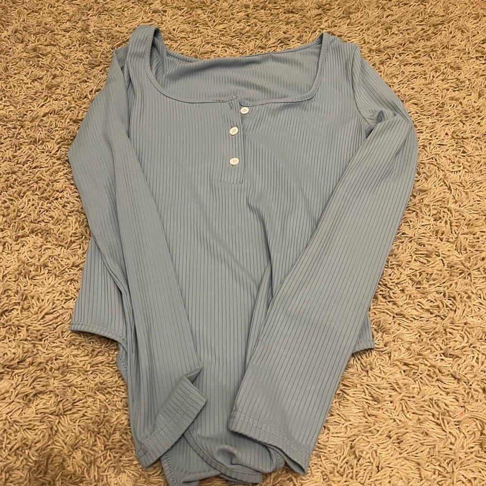 Women's Blue Ribbed Long Sleeve bodysuit